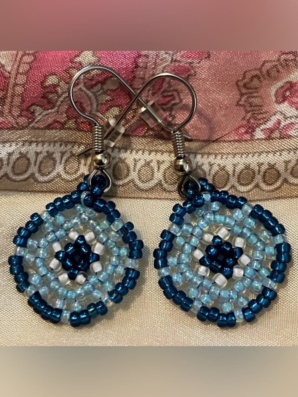 Handmade Miyuki Beaded Boho Mandala Earrings Aqua Blue Artisan Surgical Steel
